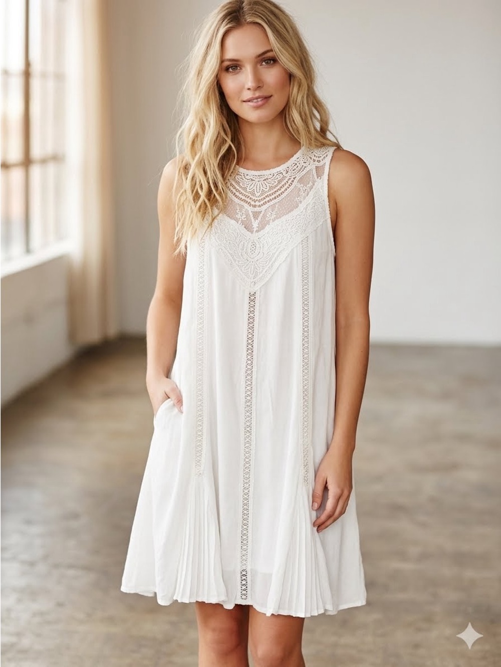 Lace Yoke White Sleeveless A-Line Dress